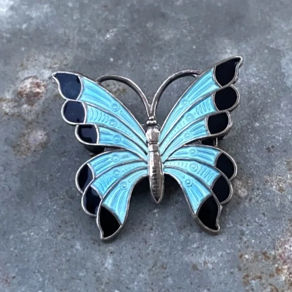 Vintage Meka Sterling Denmark signed Butterfly w/ blue and black enamel Brooch - Picture 1 of 2